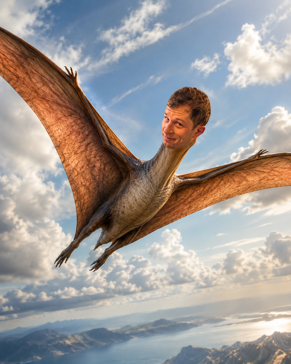A grinning 10th Planet member's head on a soaring pterodactyl, flying over the coast